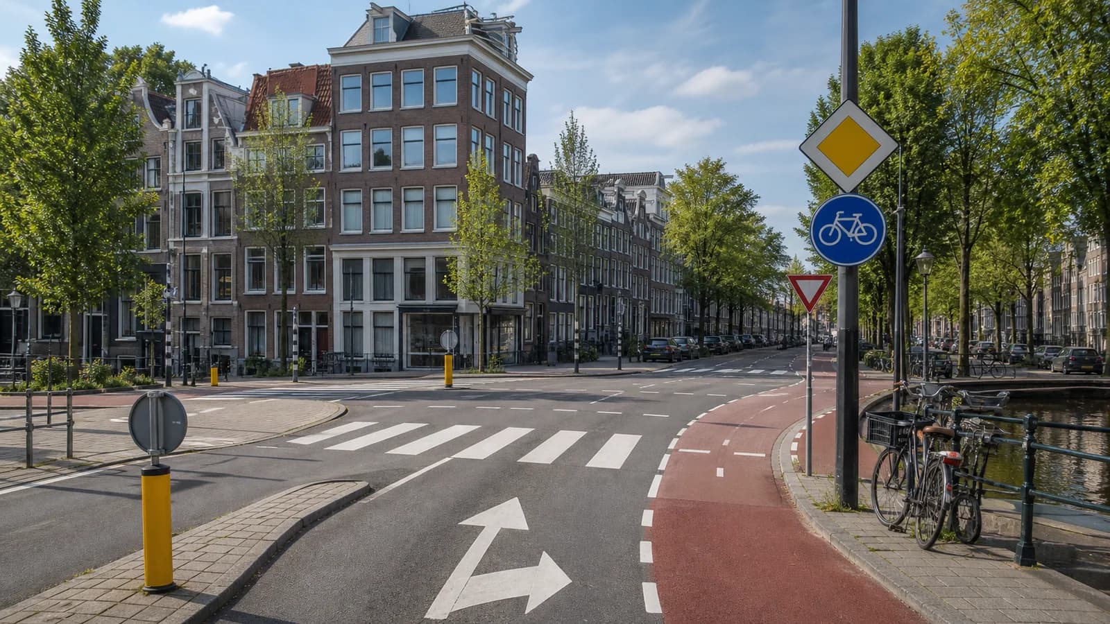 Dutch urban intersection with priority and cycle-path signs